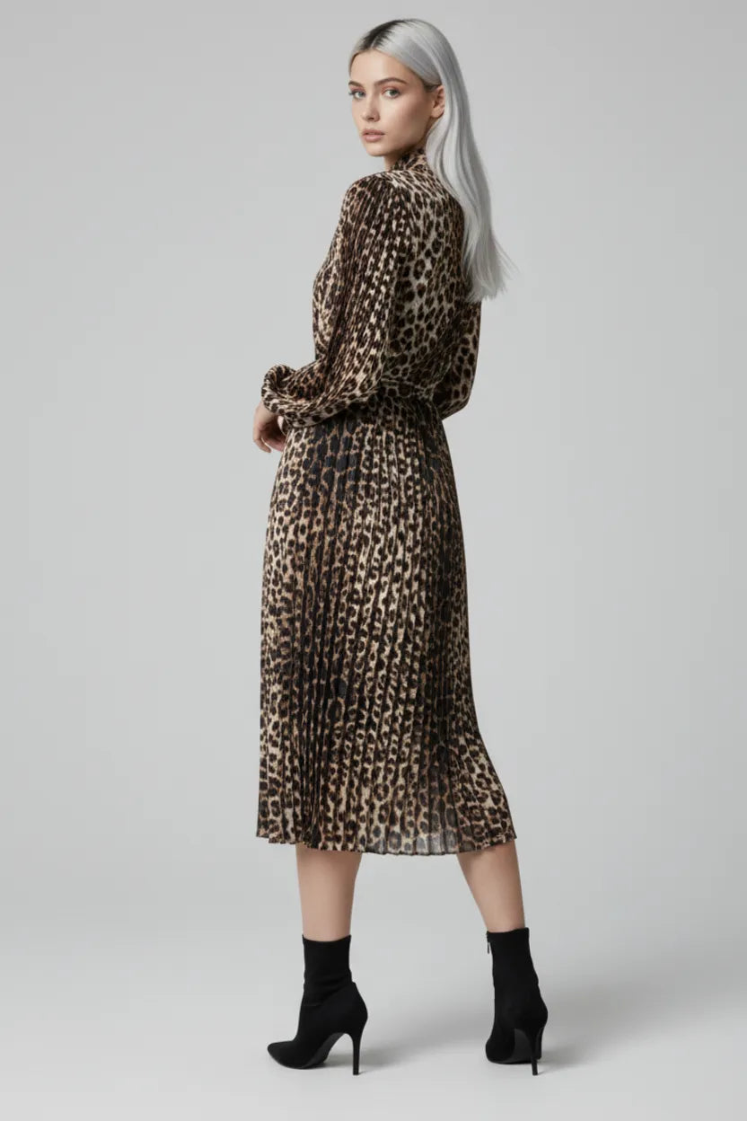 Brown Leopard Print Full-Length Dress with Waist Belt