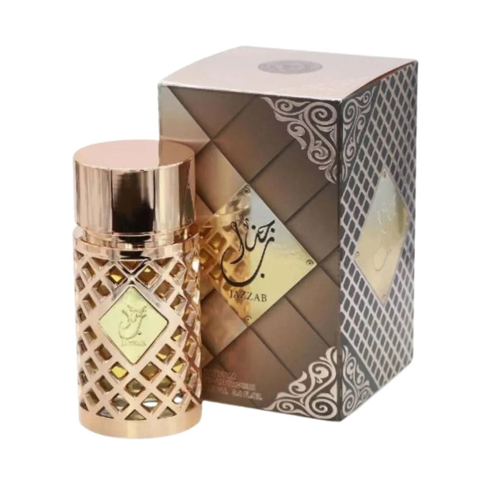 Perfume bottle with decorative packaging on a white background