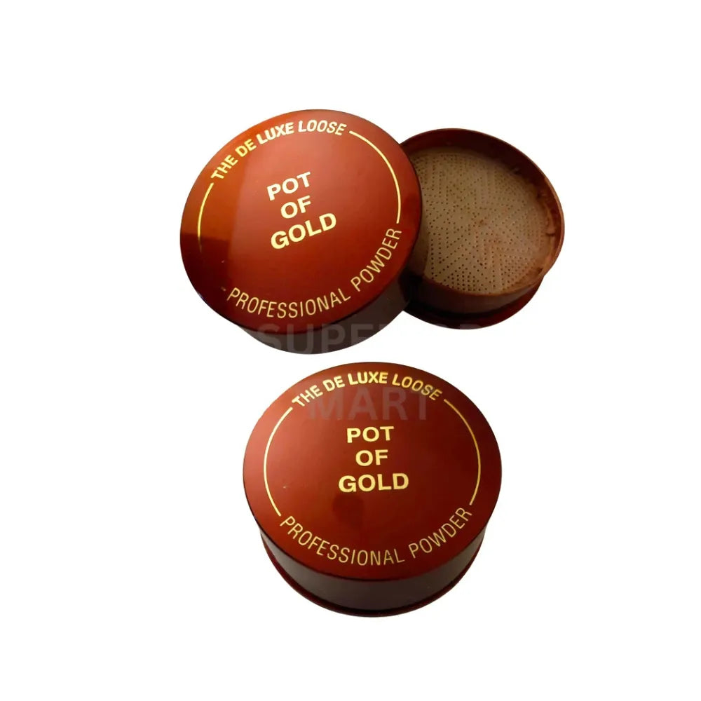 Pot of gold professional powder with open lid on a white background