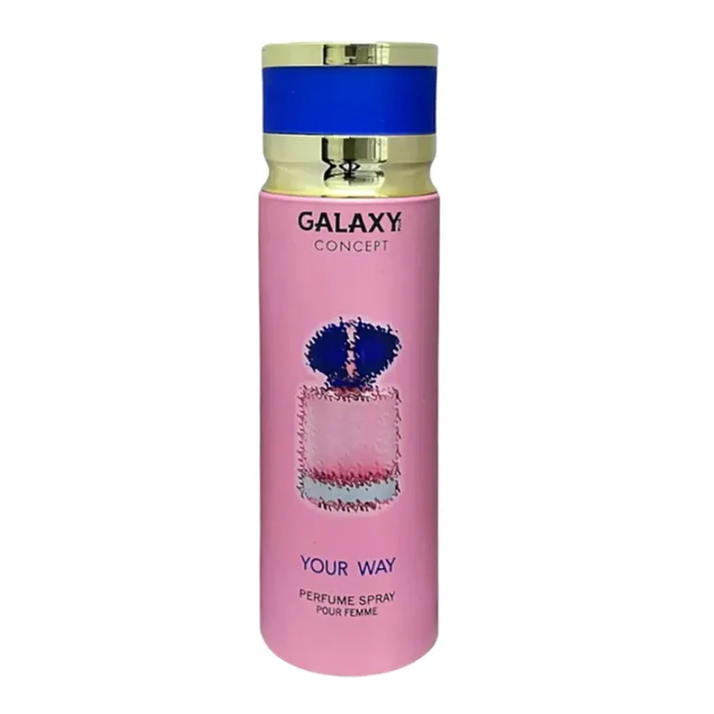 Pink perfume spray bottle with blue cap labeled 'Galaxy Concept Your Way' on a white background
