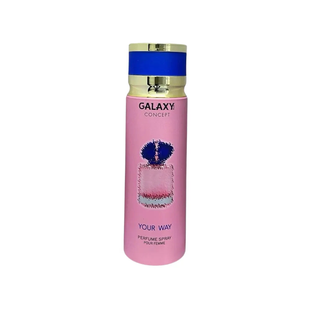 Pink perfume bottle with blue cap labeled 'Galaxy Concept Your Way' on a white background