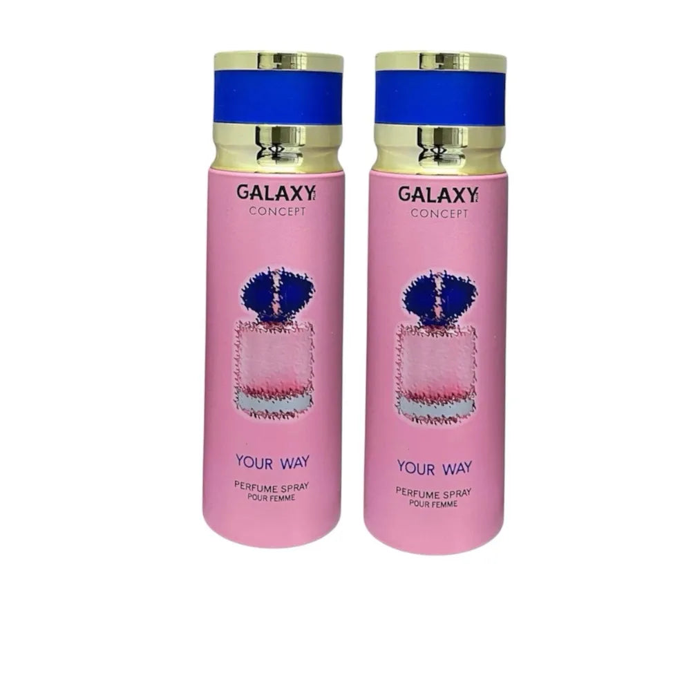 Two pink perfume bottles with blue caps labeled 'Galaxy Concept' on a white background.