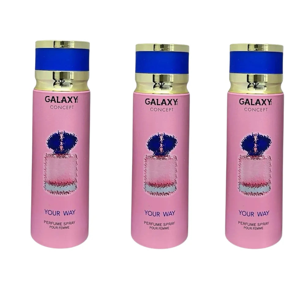 Three pink perfume bottles with blue caps labeled 'Galaxy Concept' on a white background.