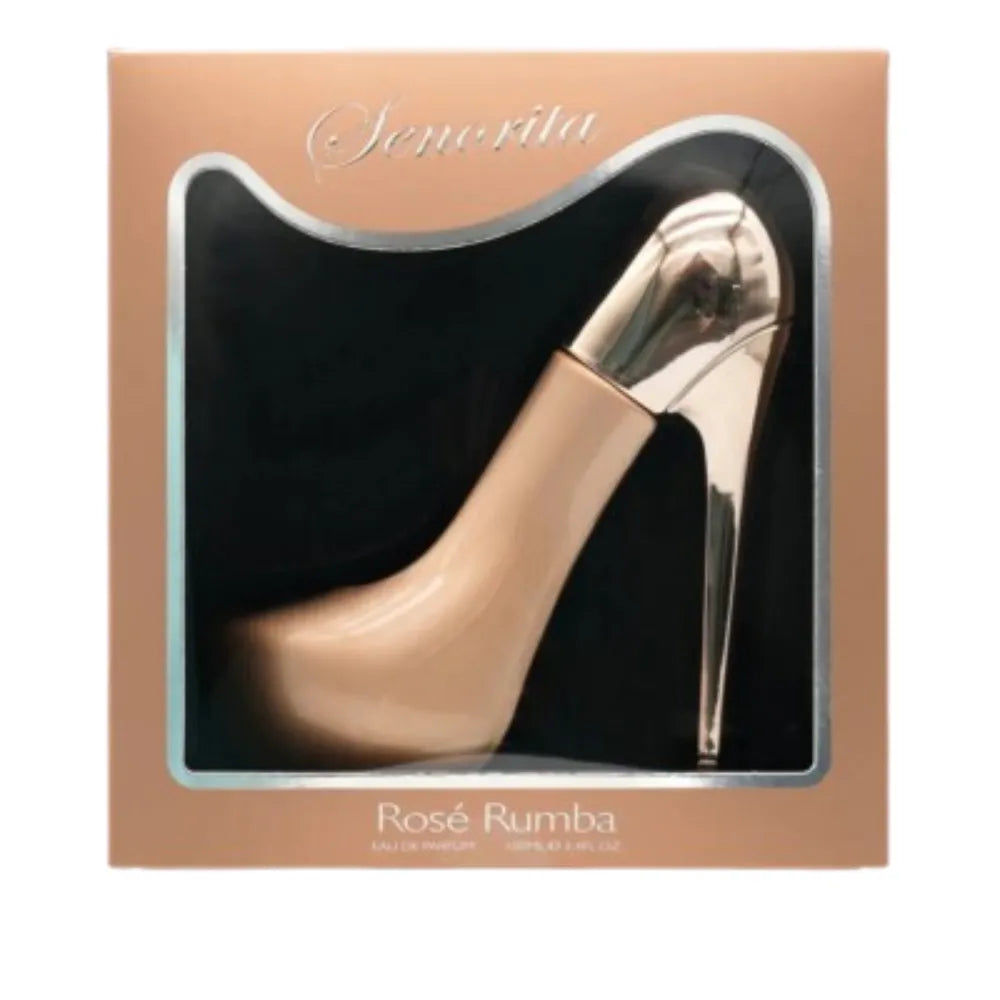 Rose gold high-heeled shoe in a box with 'Senorita' branding
