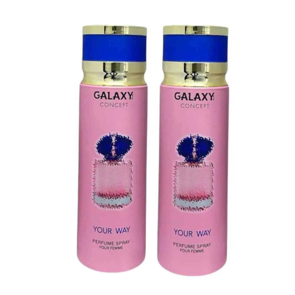 Two pink perfume bottles with blue caps labeled 'Galaxy Concept' on a white background.