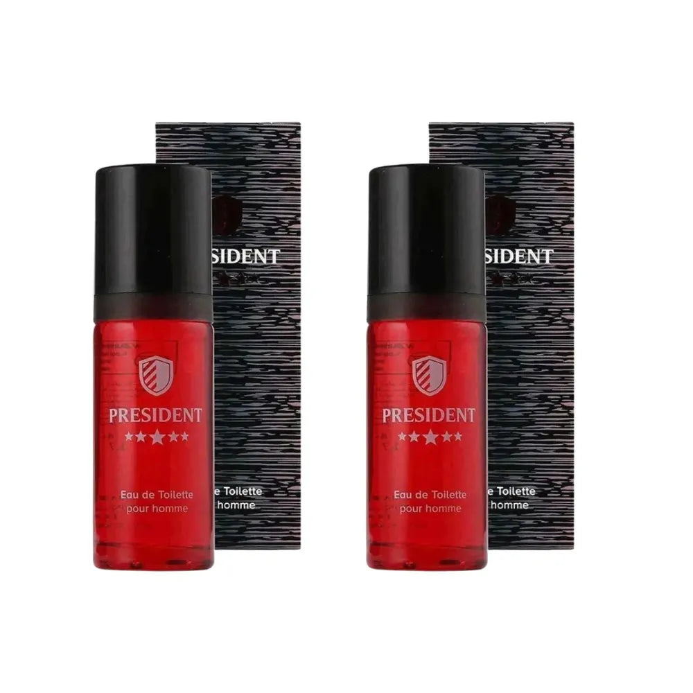Two red bottles of 'President' cologne with black caps on a white background.
