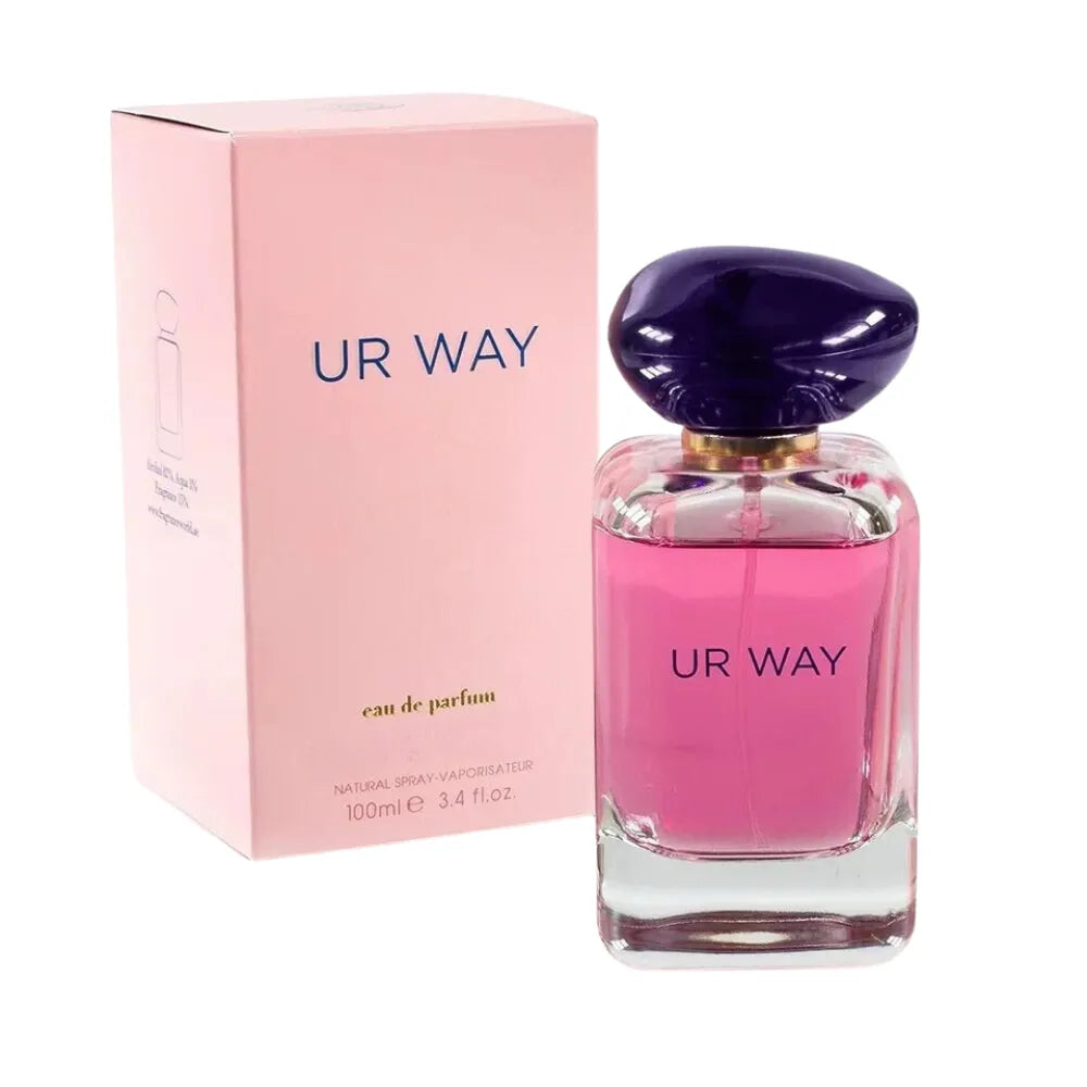 Pink 'UR WAY' perfume bottle and packaging on a white background