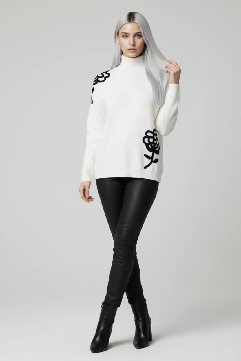 Black Floral Embroidered Polo-Neck Jumper