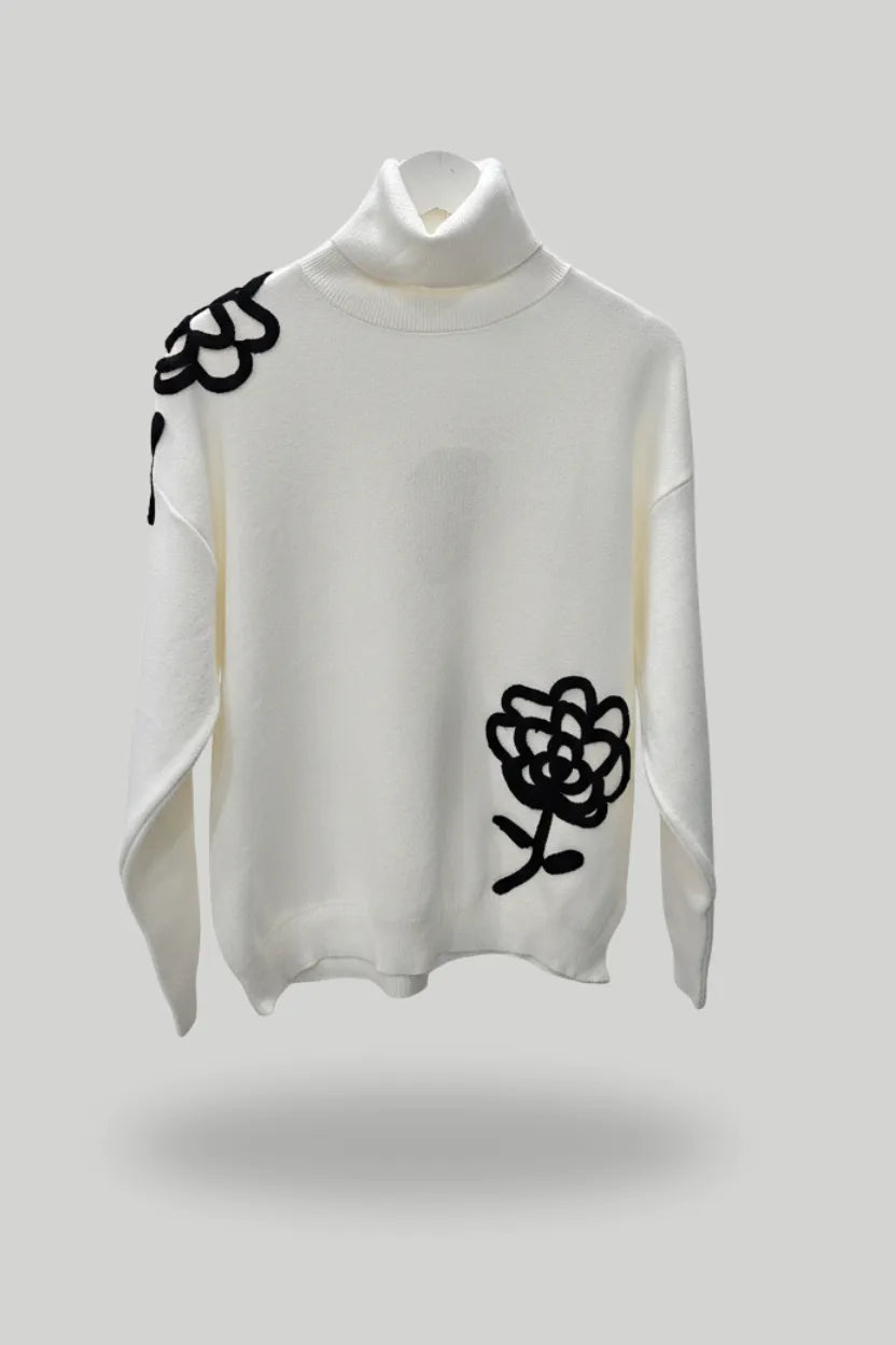 Black Floral Embroidered Polo-Neck Jumper