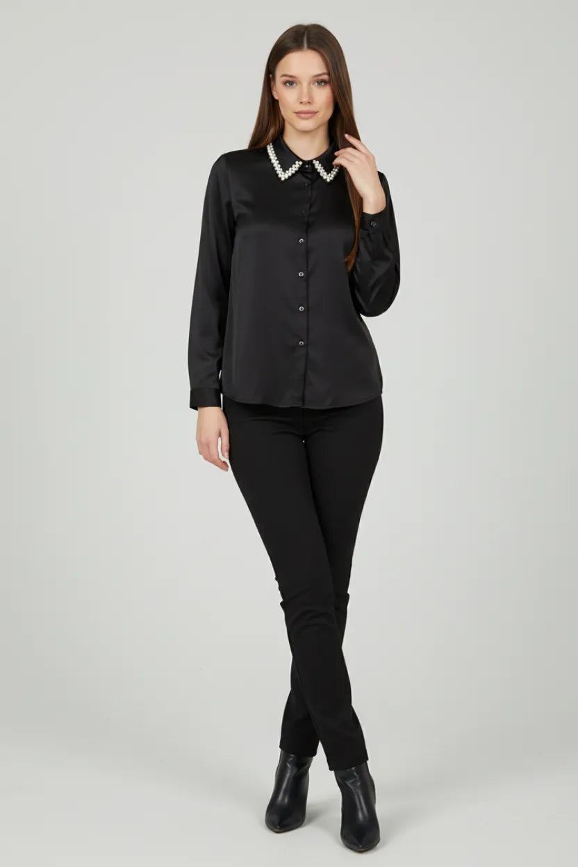 Black Shirt with Cream Pearl Collar