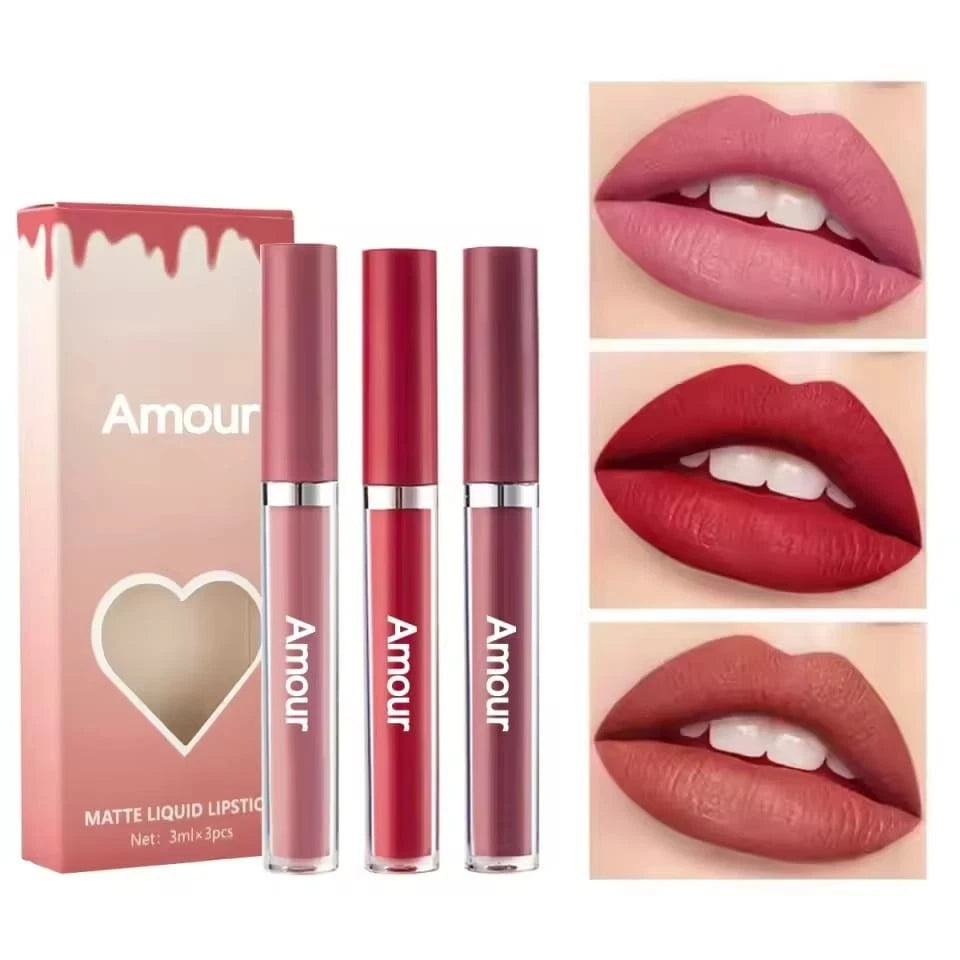 Amour matte liquid lipsticks with packaging and close-up shots of lips wearing the lipstick.