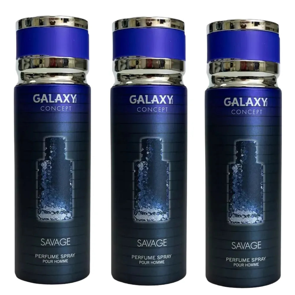 Three Galaxy Concept Savage perfume sprays for men on a white background