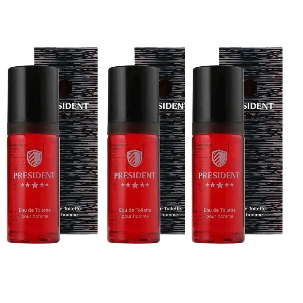 Three bottles of President men's toilette with black caps and red bodies on a white background.