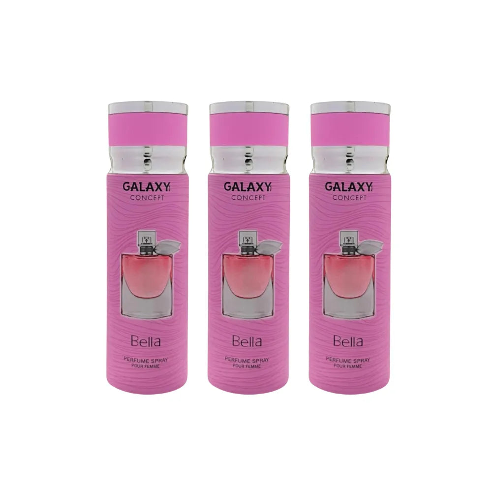 Three pink perfume bottles with silver caps labeled 'Galaxy Concept Bella' on a white background.