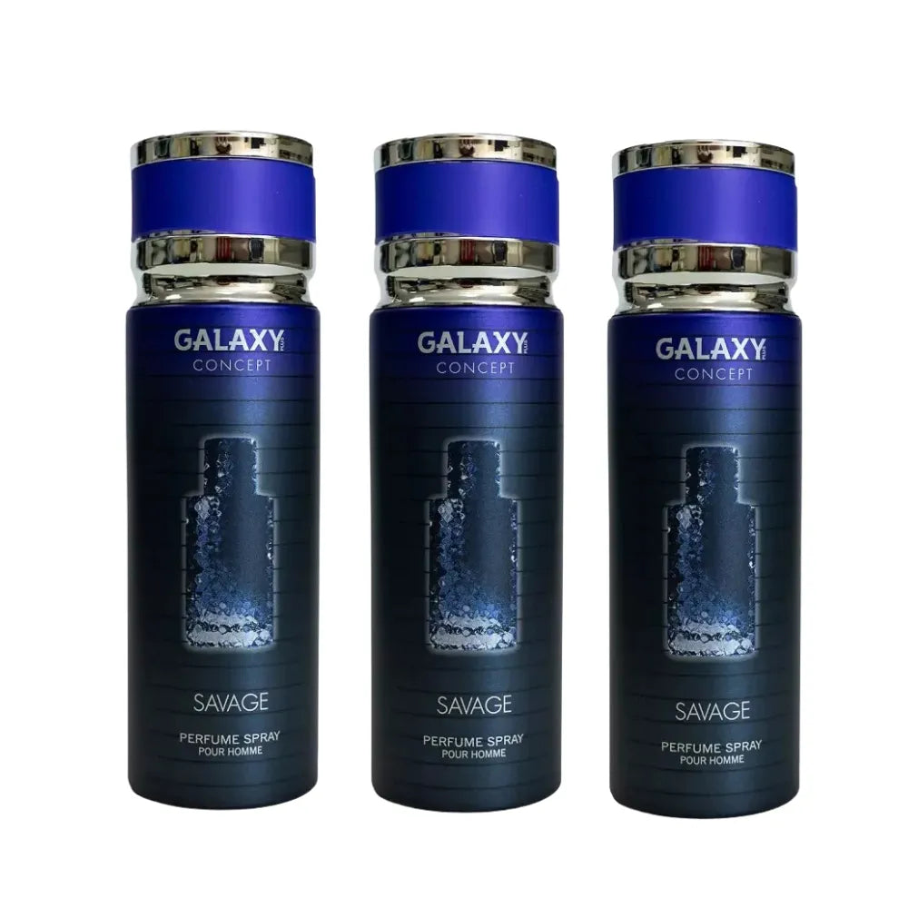 Three Galaxy Concept Savage perfume sprays on a white background