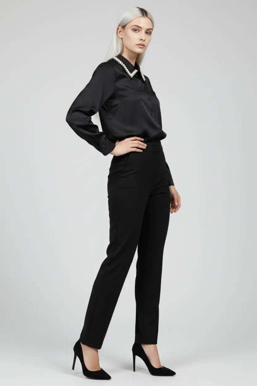 Black Shirt with Cream Pearl Collar
