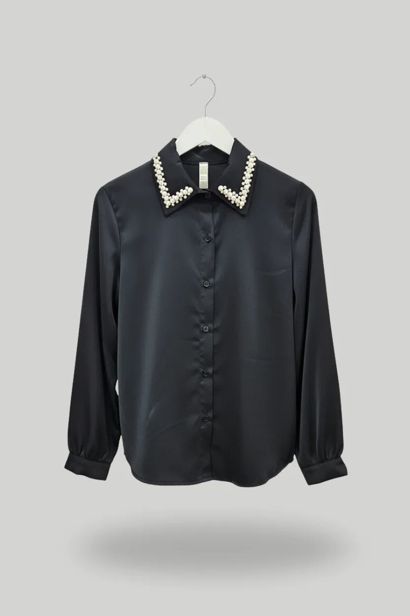 Black Shirt with Cream Pearl Collar