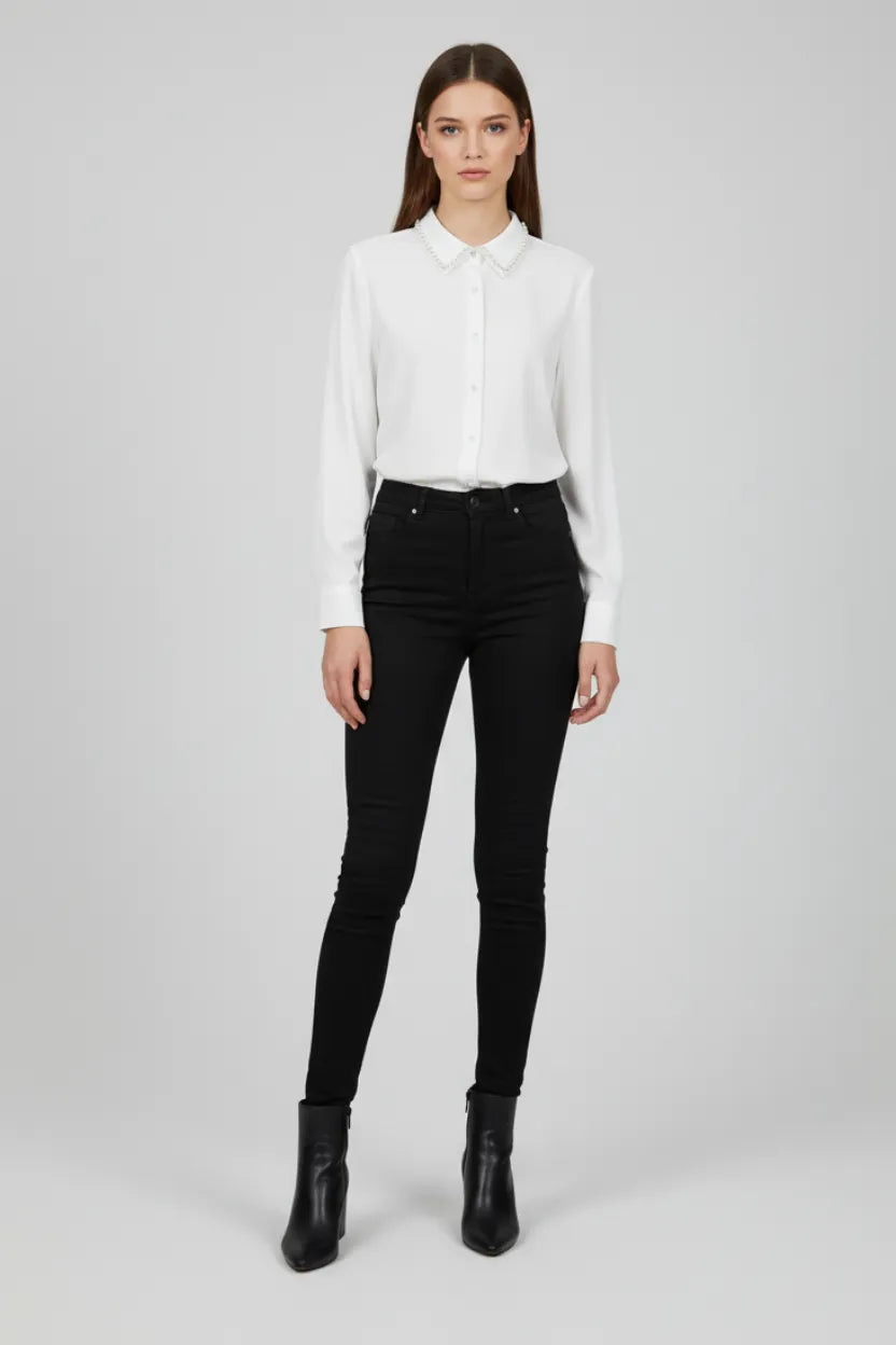 White Shirt with Cream Pearl Collar