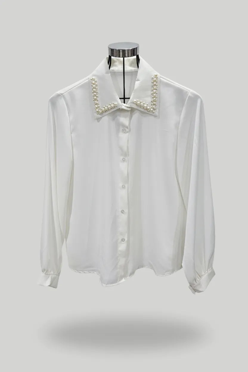 White Shirt with Cream Pearl Collar