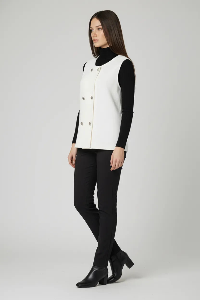 White Short-Sleeve less Jumper with Silver Buttons