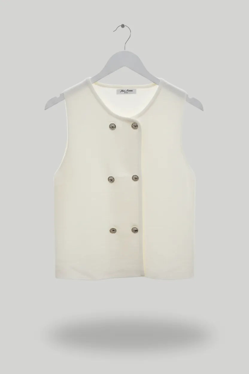 White Short-Sleeve less Jumper with Silver Buttons