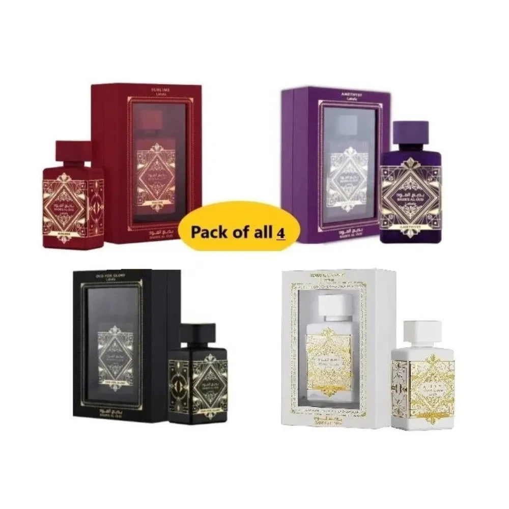 Collection of perfume bottles and packaging on a white background