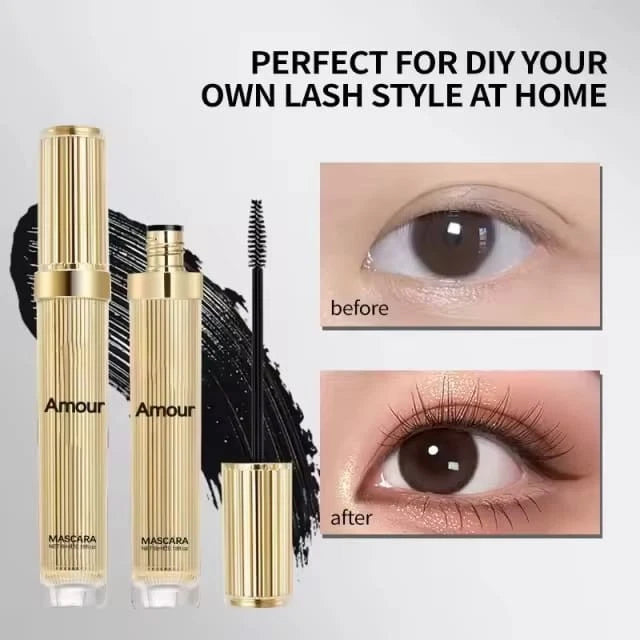Amour mascara with before and after effects on eyes on a white background
