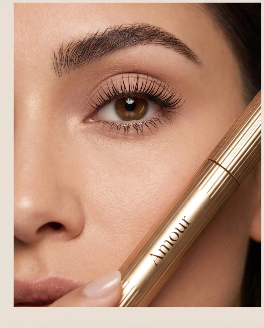 Close-up of a woman's eye with a makeup brush, featuring the brand 'Amour'.