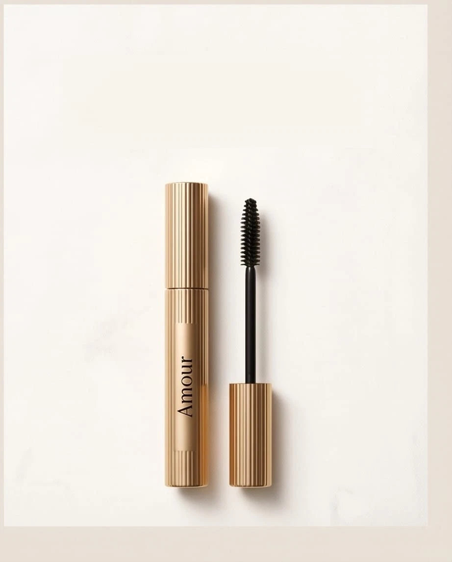 Mascara with gold casing and black wand on a white background