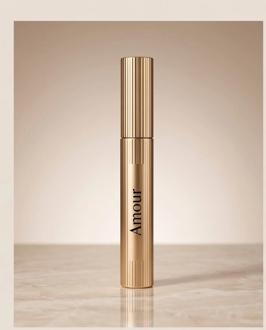 Gold cylindrical product with 'Amour' branding on a beige background