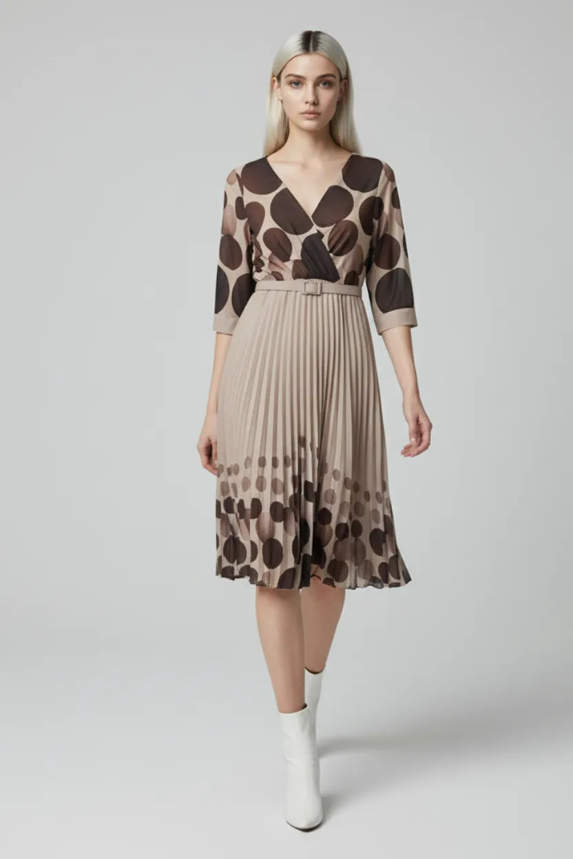 Elegant Beige Pleated Midi Dress