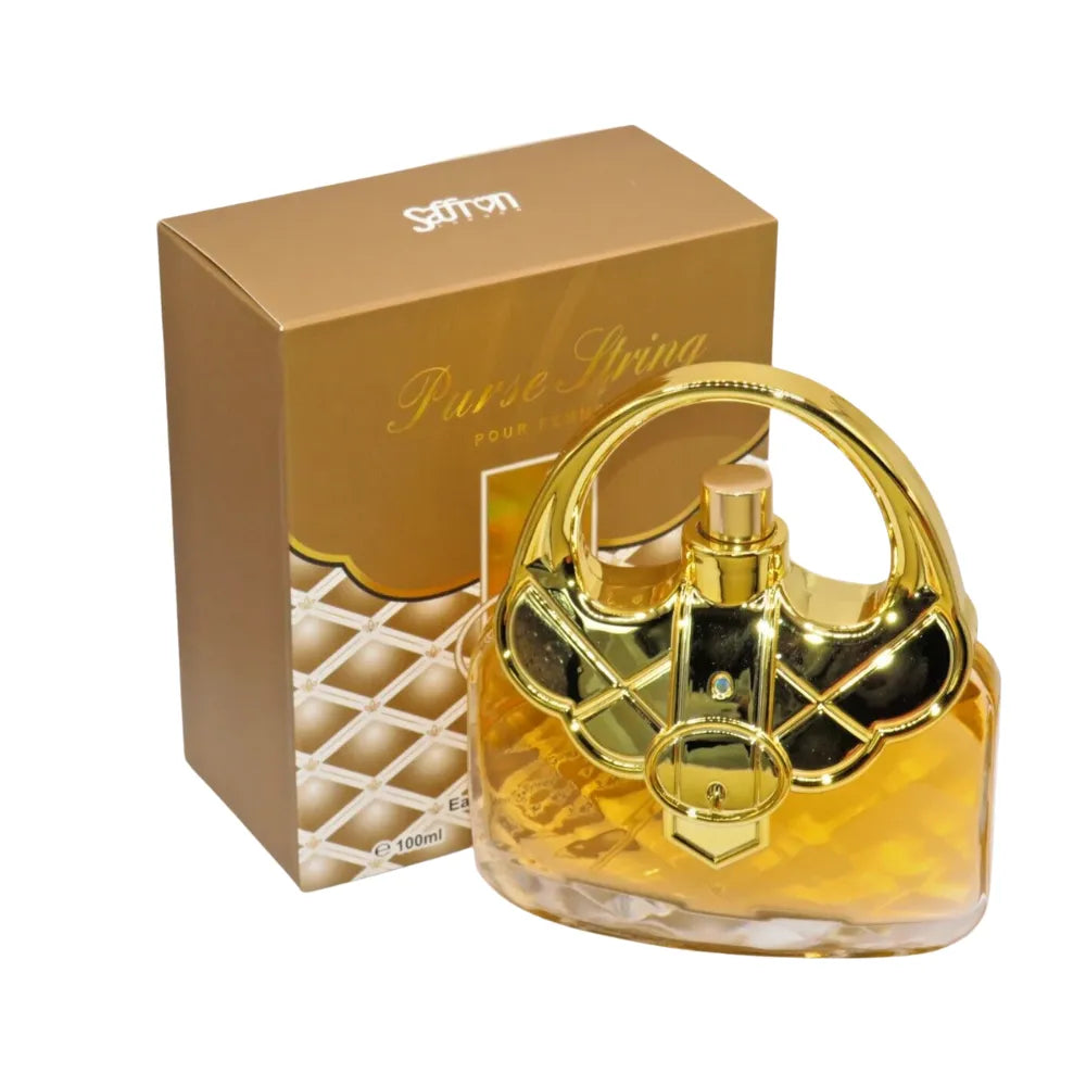 Gold perfume bottle shaped like a handbag with matching box on a white background