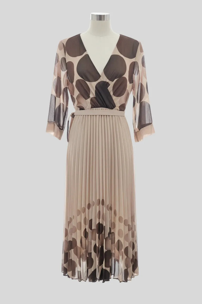 Elegant Beige Pleated Midi Dress