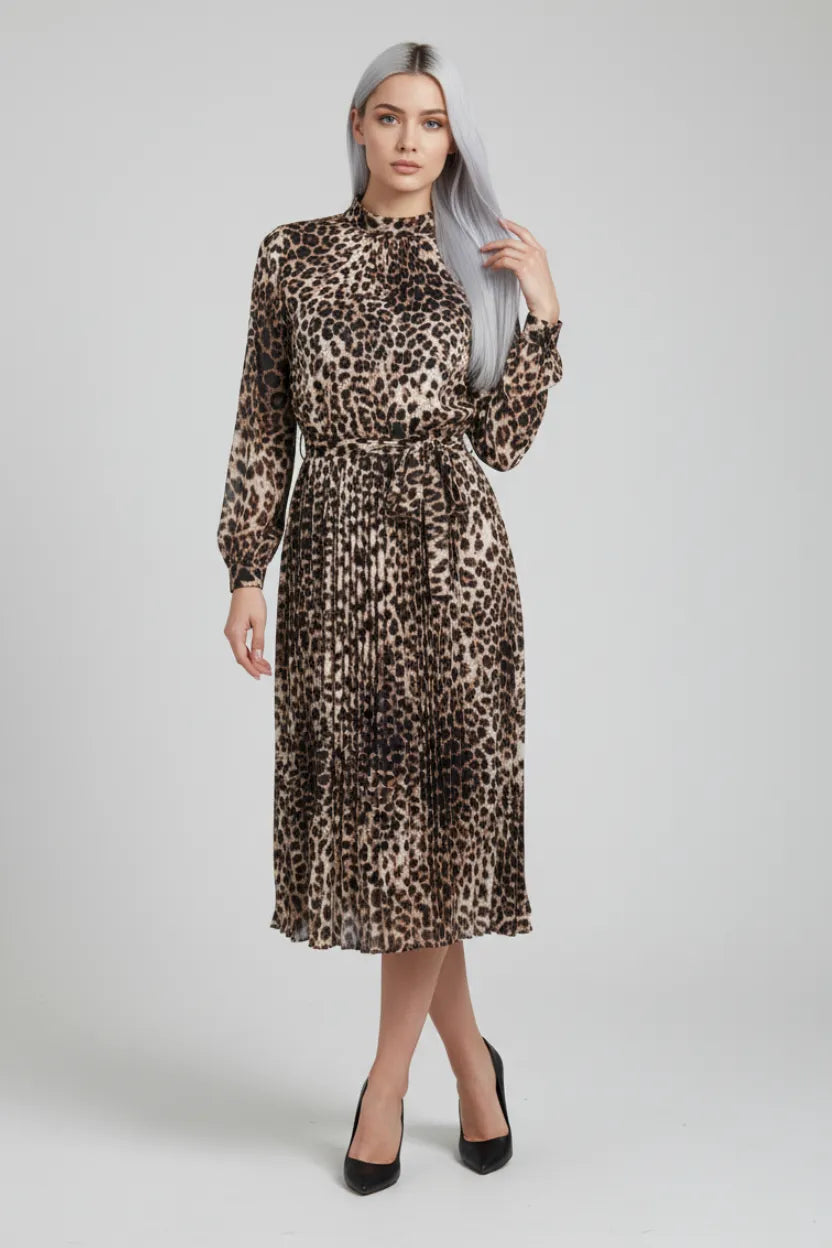 Brown Leopard Print Full-Length Dress with Waist Belt
