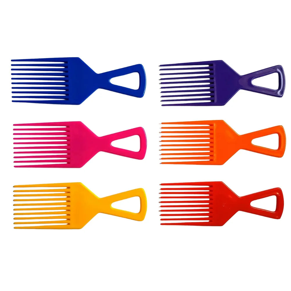 Set of six colorful hair combs on a white background