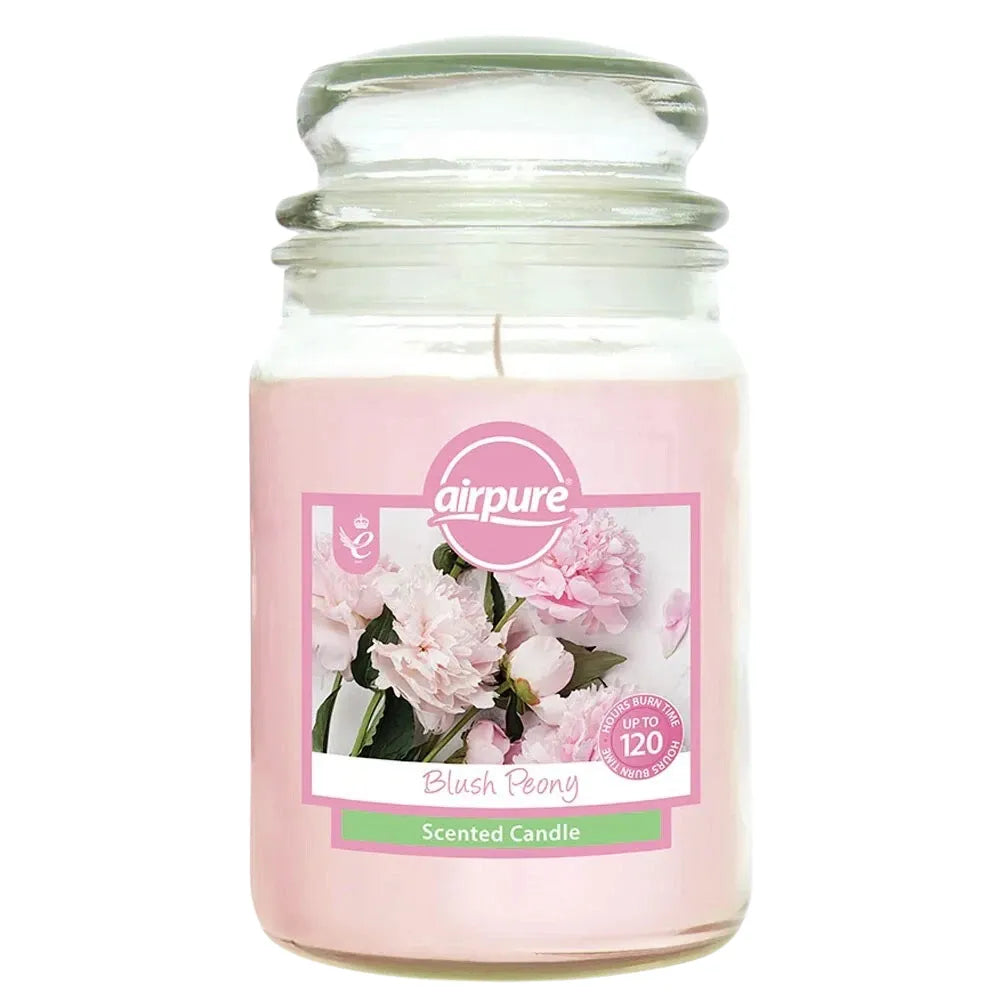 Scented candle in a glass jar with 'airpure' branding and floral design on a white background