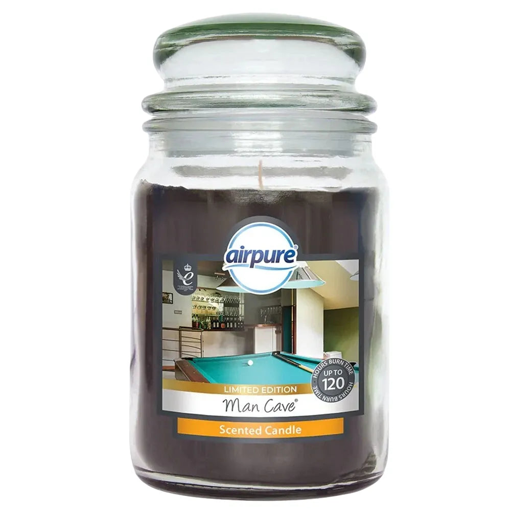 Airpure Man Cave scented candle in a glass jar on a white background