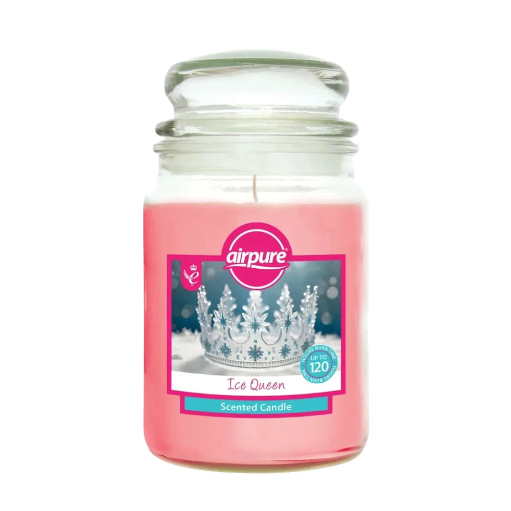 Airpure Ice Queen scented candle in a glass jar on a white background