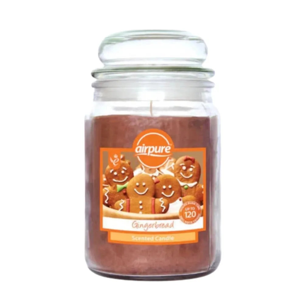 Jar candle with gingerbread design label on a white background