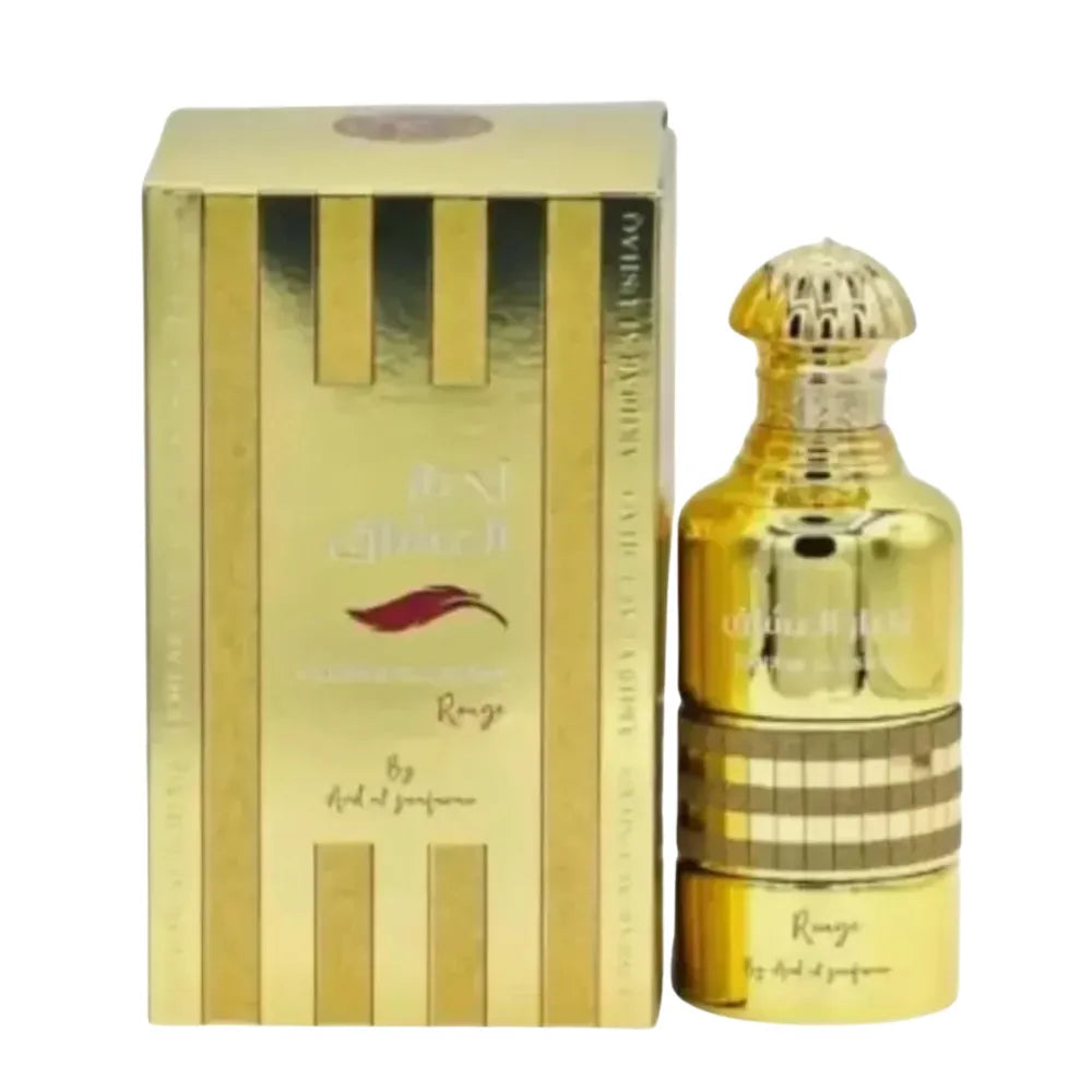 Gold perfume bottle and packaging on a white background