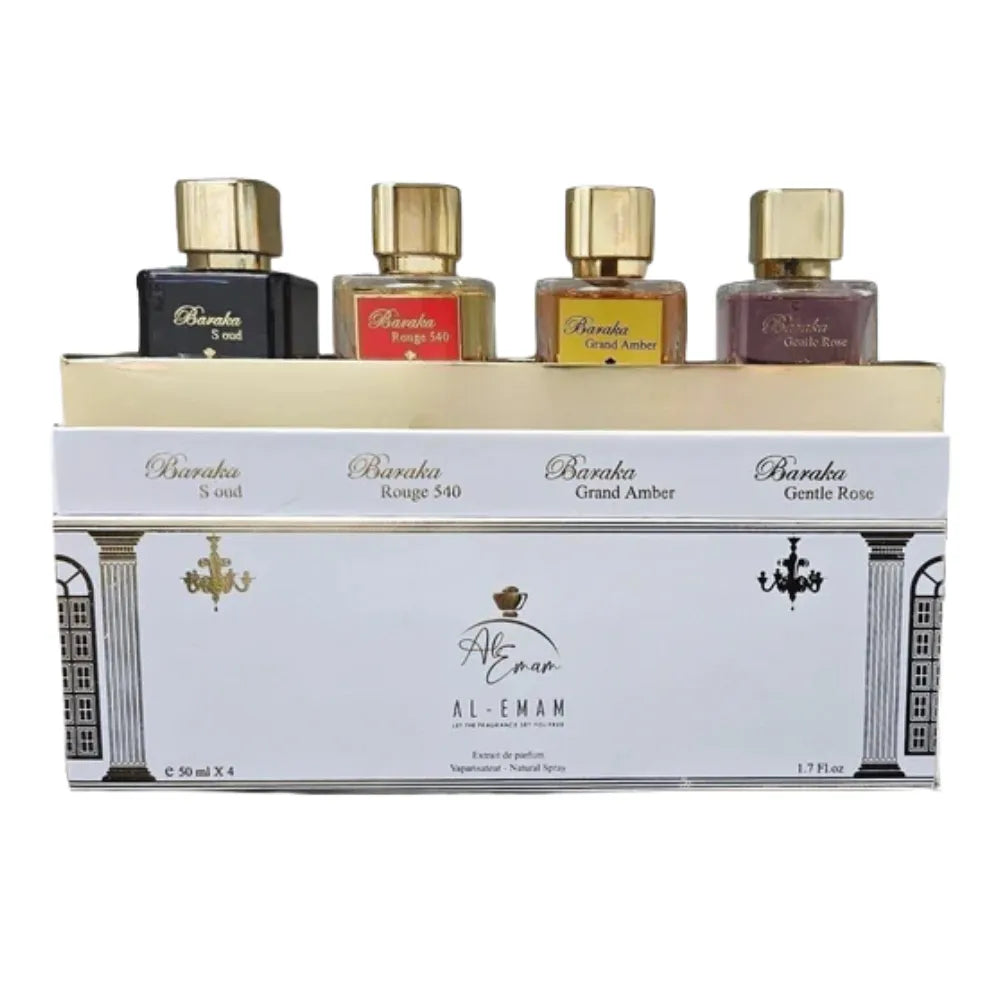 Set of five Baraka perfume bottles with a white box labeled 'Al-Emam' on a white background.