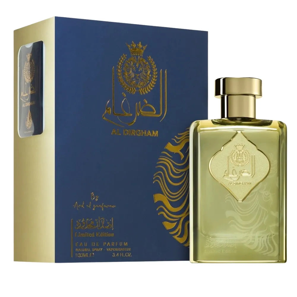 Gold perfume bottle and packaging with 'Al-Durham' branding on a white background