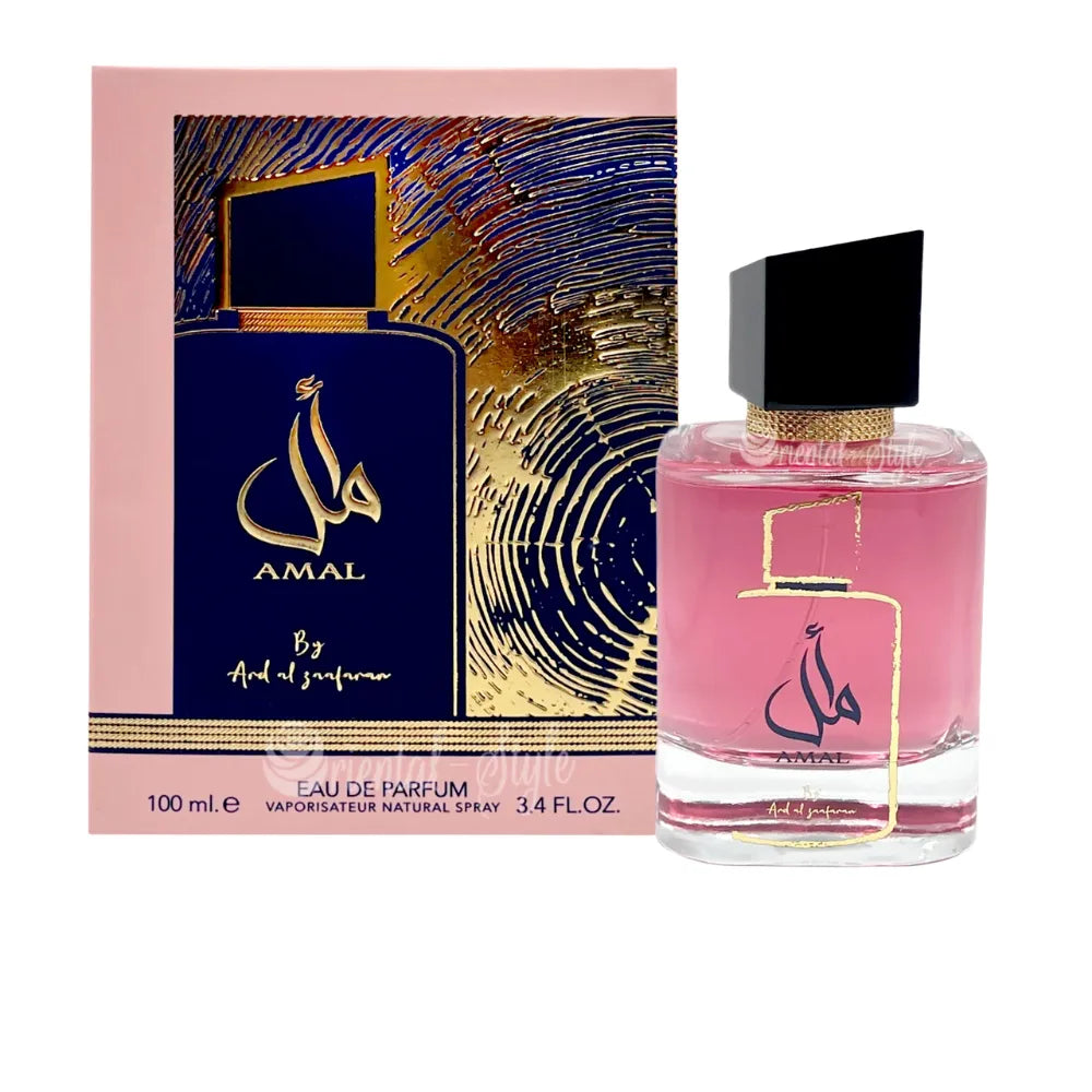 Perfume bottle and packaging of 'Amal' by Ard Al Zaafaran on a white background