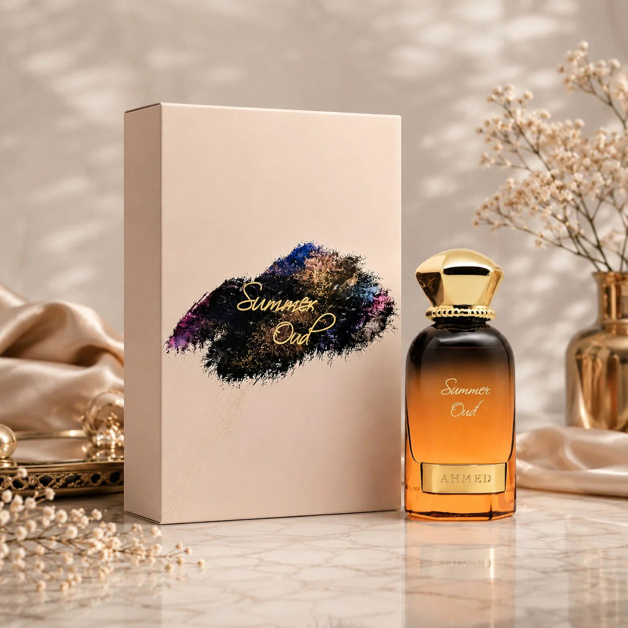 Perfume bottle and packaging with 'Summer Oud' branding on a decorative background