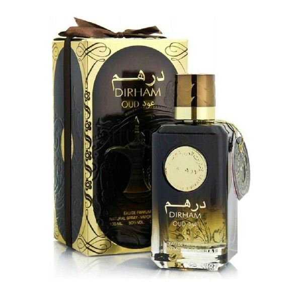 Dirham Oud perfume bottle and packaging on a white background