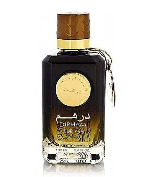 Dirham Oud perfume bottle on a white background