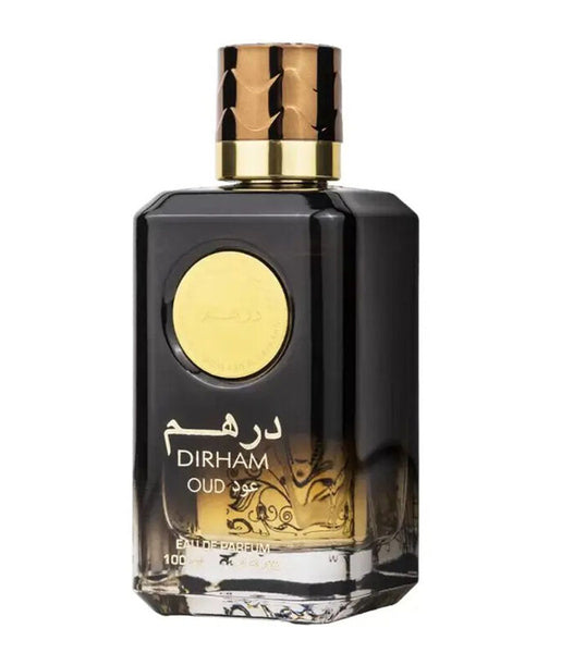 Perfume bottle with gold cap and label on a white background
