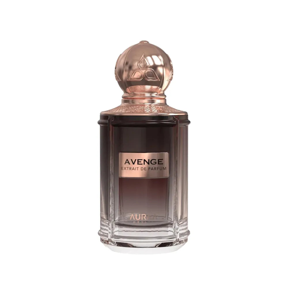 Perfume bottle labeled 'Avenge' with a bronze cap on a white background