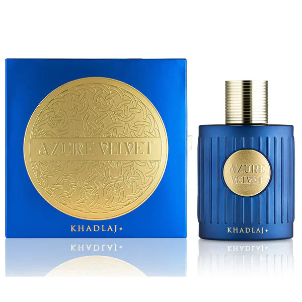Blue perfume bottle and packaging with 'Azure Velvet' and 'Khadlaj' branding on a white background