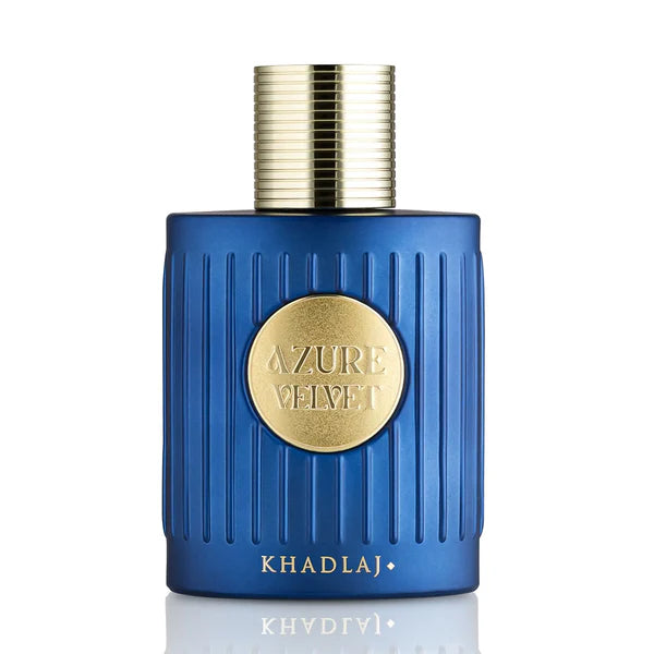 Blue perfume bottle with gold cap and label on a white background